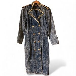 Studded Denim vintage Long Coat with double breasted gold embellishments (mlb)